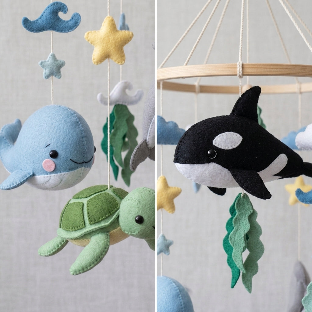 Handmade Felt Ocean Animal Baby Mobile – Whale, Dolphin, Turtle, Shark & Orca Nursery Decor