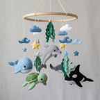 Handmade Felt Ocean Animal Baby Mobile – Whale, Dolphin, Turtle, Shark & Orca Nursery Decor