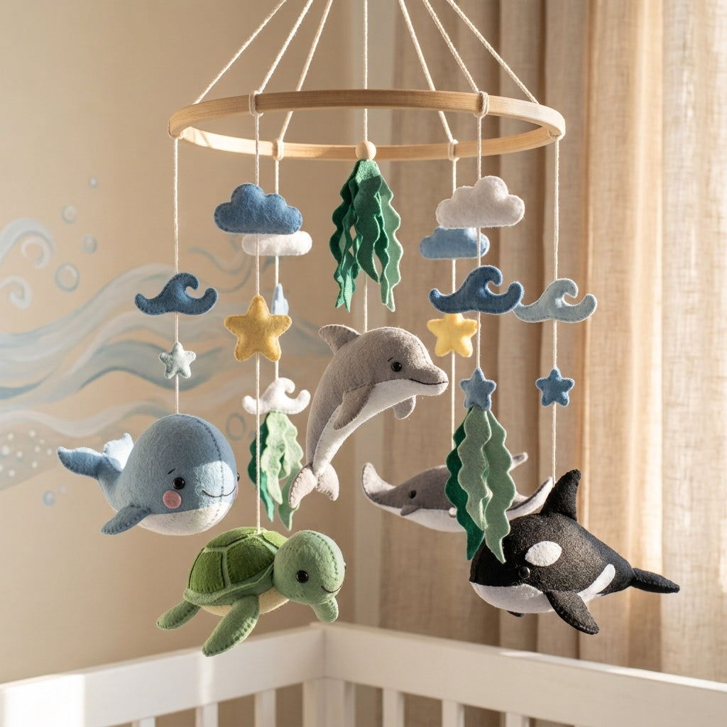 A fabric baby crib mobile hanging from a wooden hoop, featuring plush sea creatures including dolphins, an orca, a turtle, waves, stars, and clouds in soft blue, green, gray, yellow, and black colors.