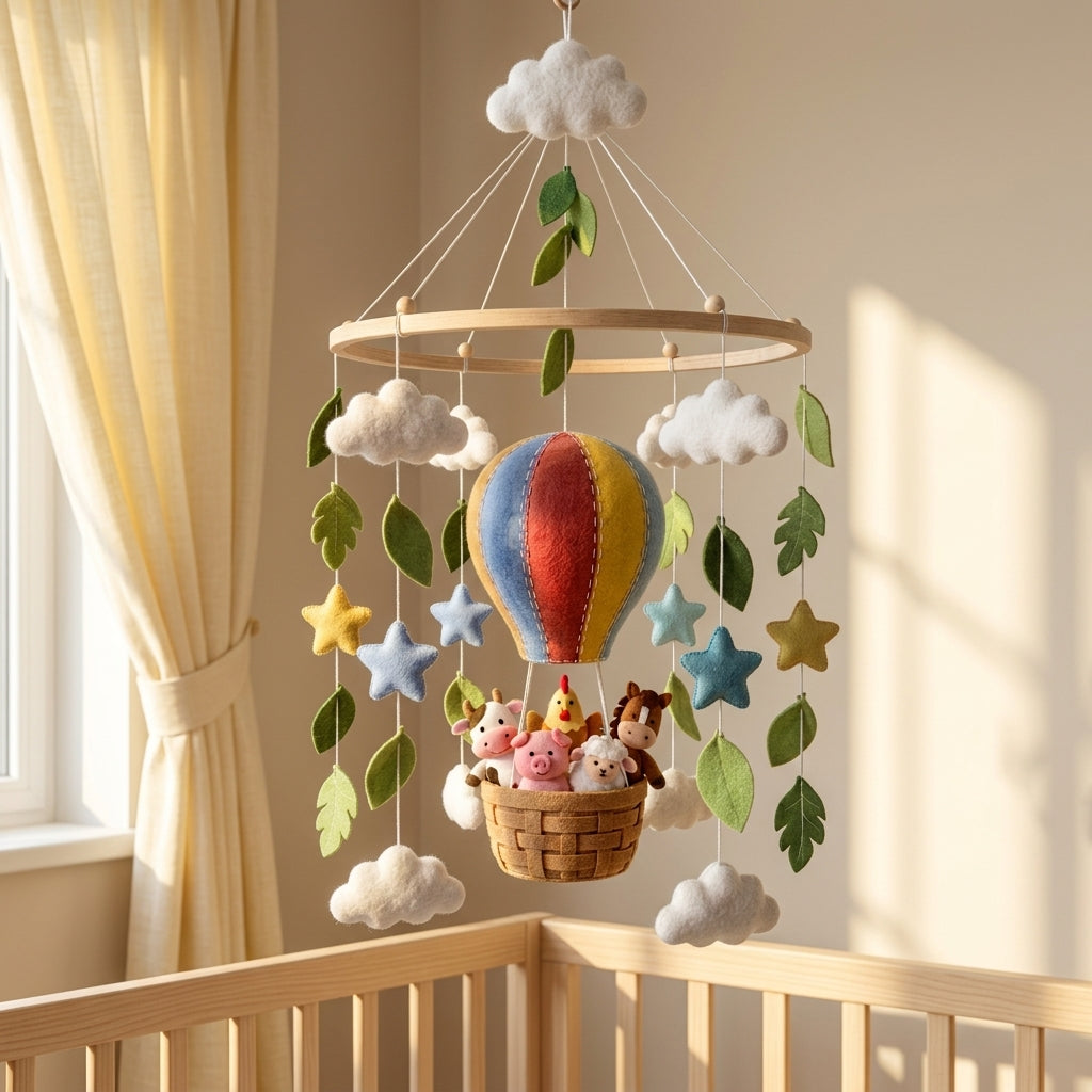 Handmade Felt Farm Animal Hot Air Balloon Baby Mobile – Cow, Pig, Sheep & Horse Nursery Decor