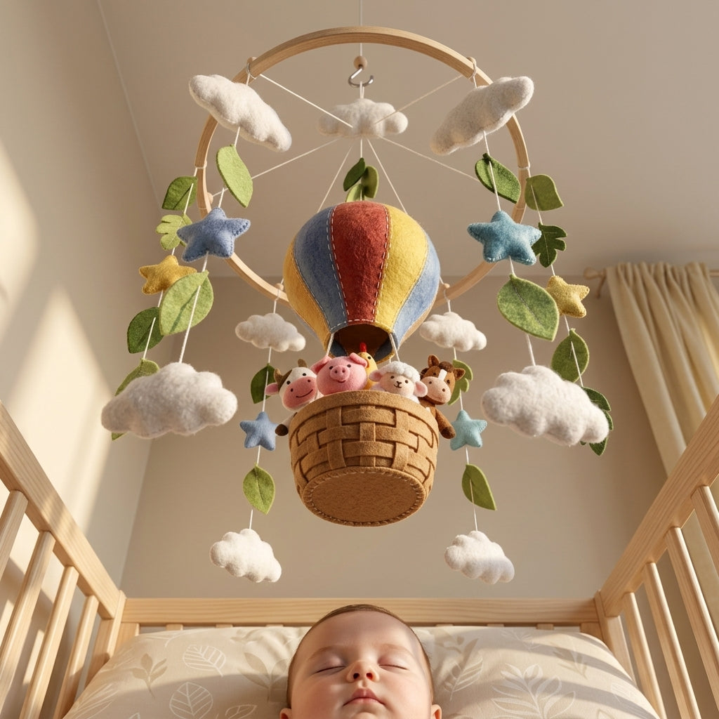 Handmade Felt Farm Animal Hot Air Balloon Baby Mobile – Cow, Pig, Sheep & Horse Nursery Decor