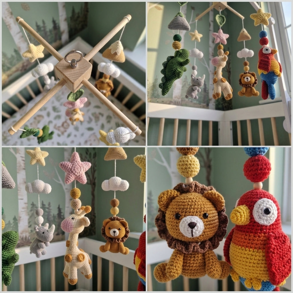 A four-panel collage showing handmade crocheted baby crib accessories hanging in a white crib. The set includes a wooden cross-shaped mobile frame, a hanging animal and cloud mobile, a lion plush with a brown mane, and a red-and-yellow bird plush.