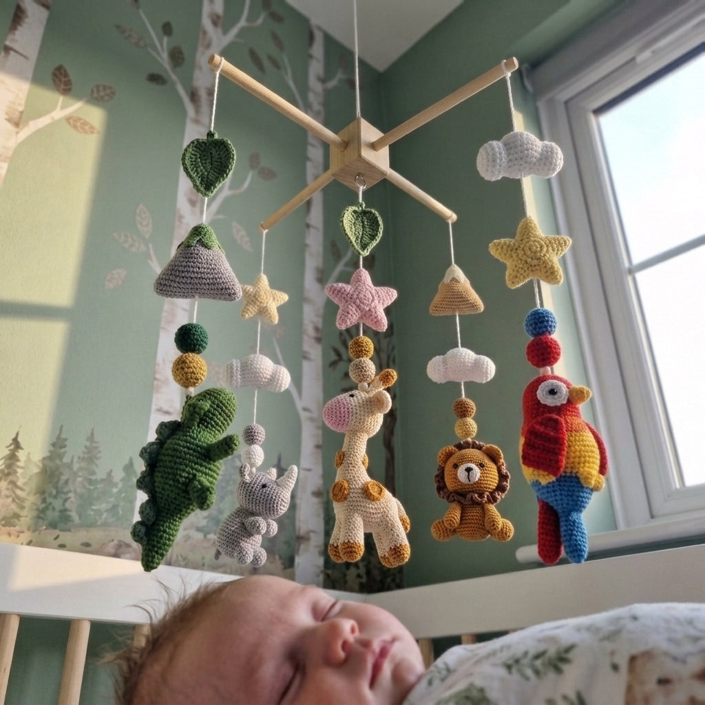 A baby sleep crib with a sleeping infant in the foreground and a crocheted hanging mobile above. The mobile features a light wood star frame with knitted animals and clouds in green, pink, yellow, brown, red, blue, and white, set against a green wall with birch tree wallpaper.