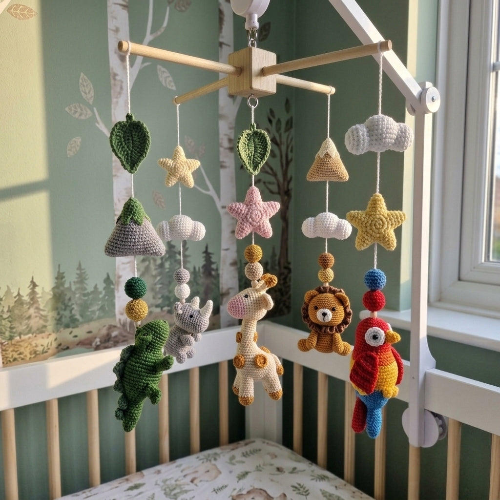 A crocheted baby mobile hanging in a nursery crib. The mobile features various animal and nature shapes including a green crocheted frog, pink giraffe, yellow star, lion, parrot, clouds, and leaves, suspended from a light wood mobile frame.