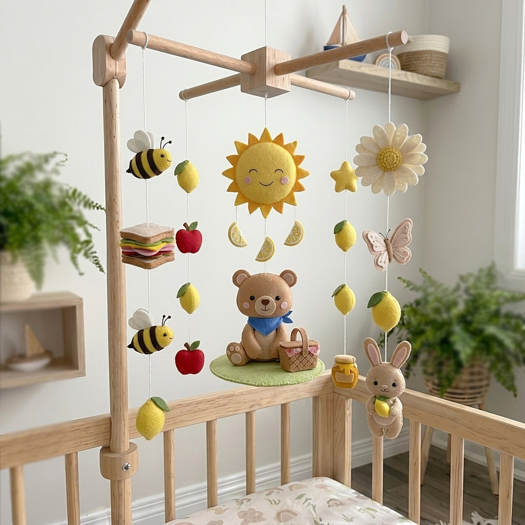 Felt Summer Picnic Baby Mobile, Bear Bunny Bee Lemon Sun Daisy Apple Basket Nursery Crib Decor