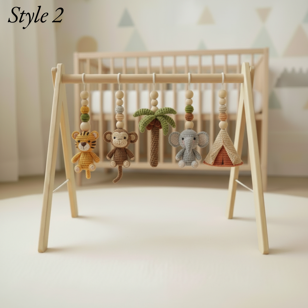Personalized Safari Baby Gym, Handmade Wooden Play Gym, Crochet Jungle Animals, Montessori Frame, Neutral Nursery Gift