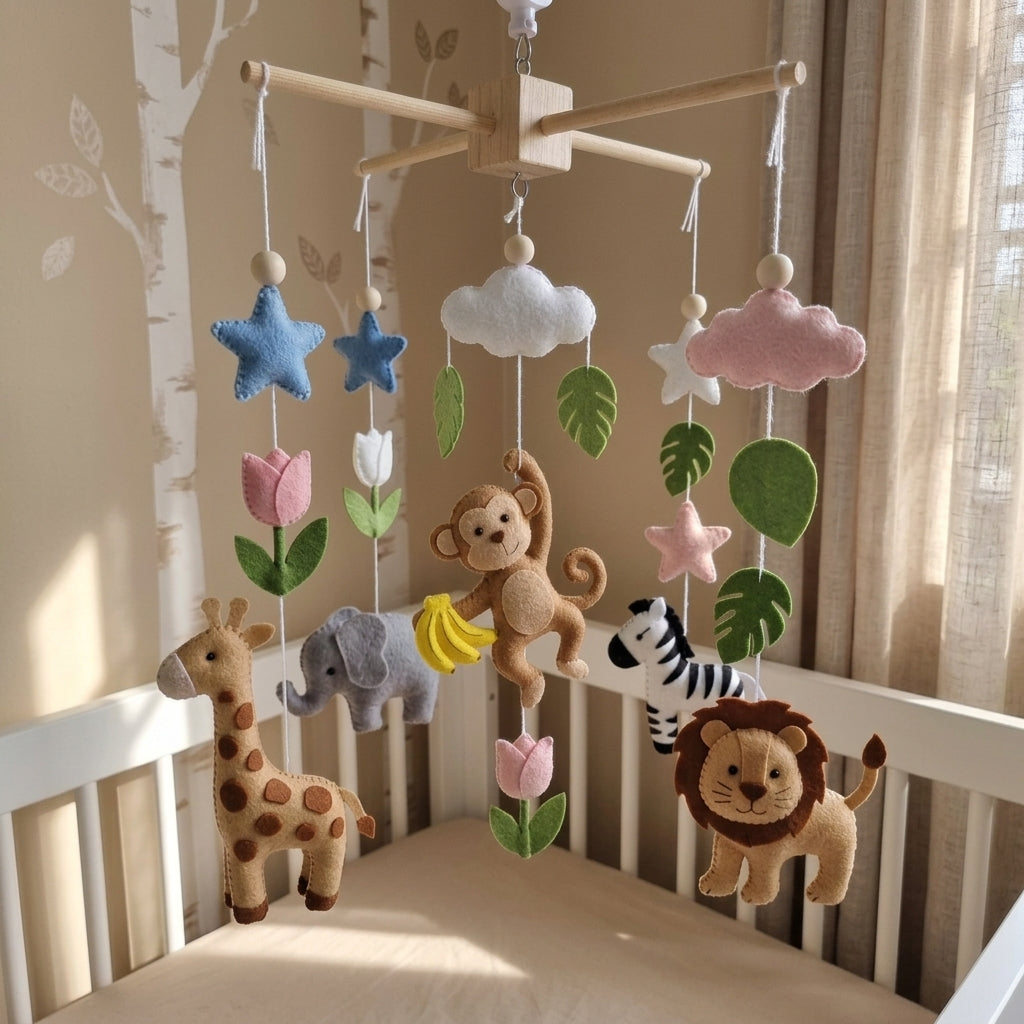 Felt safari baby mobile with sleeping lion, zebra, monkey, elephant, giraffe, moons, clouds and green leaves