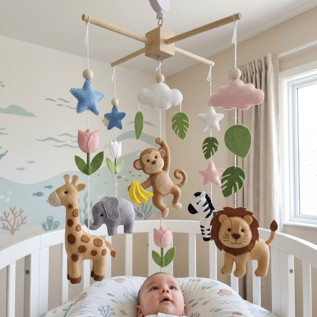 Handmade Felt Safari Baby Mobile – Jungle Nursery Crib Decor