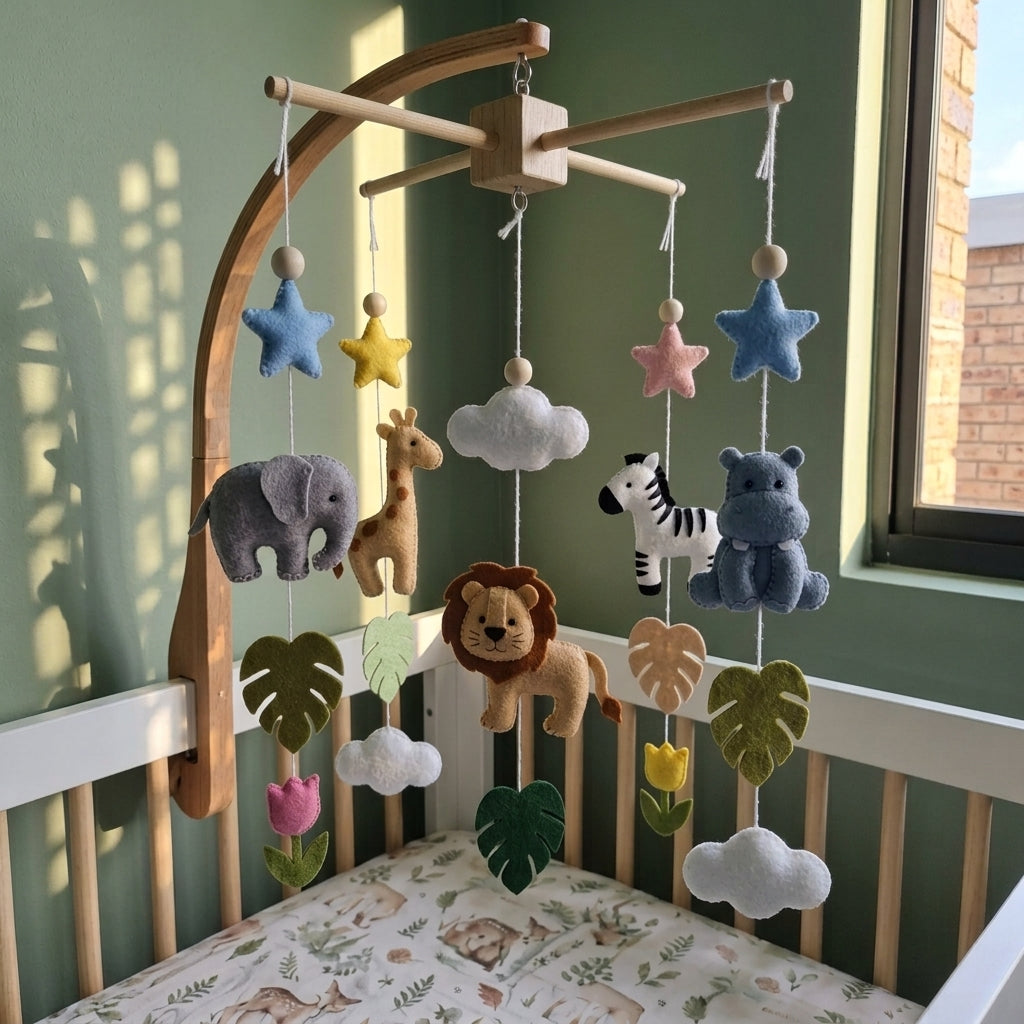 Safari Friends Felt Crib Mobile – Handmade Tropical Nursery Hanging Decor