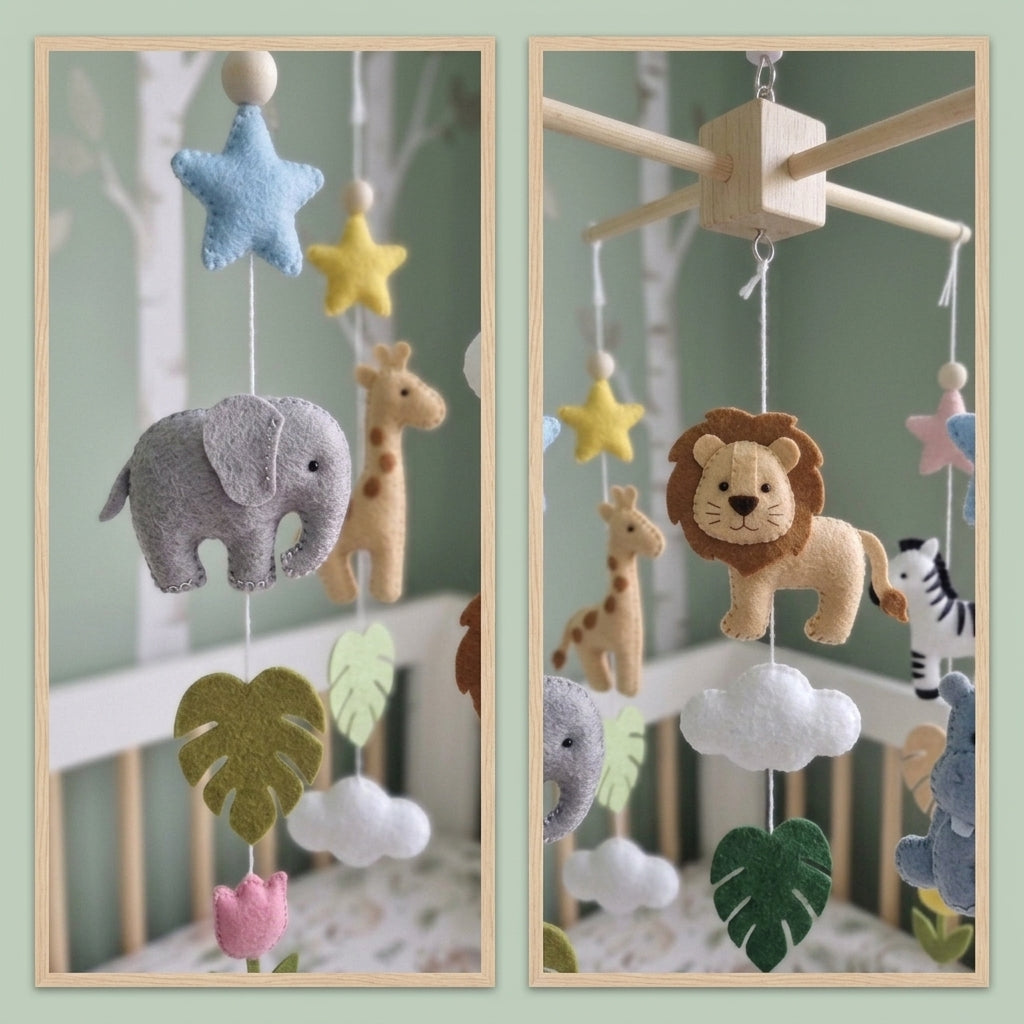 Safari Friends Felt Crib Mobile – Handmade Tropical Nursery Hanging Decor