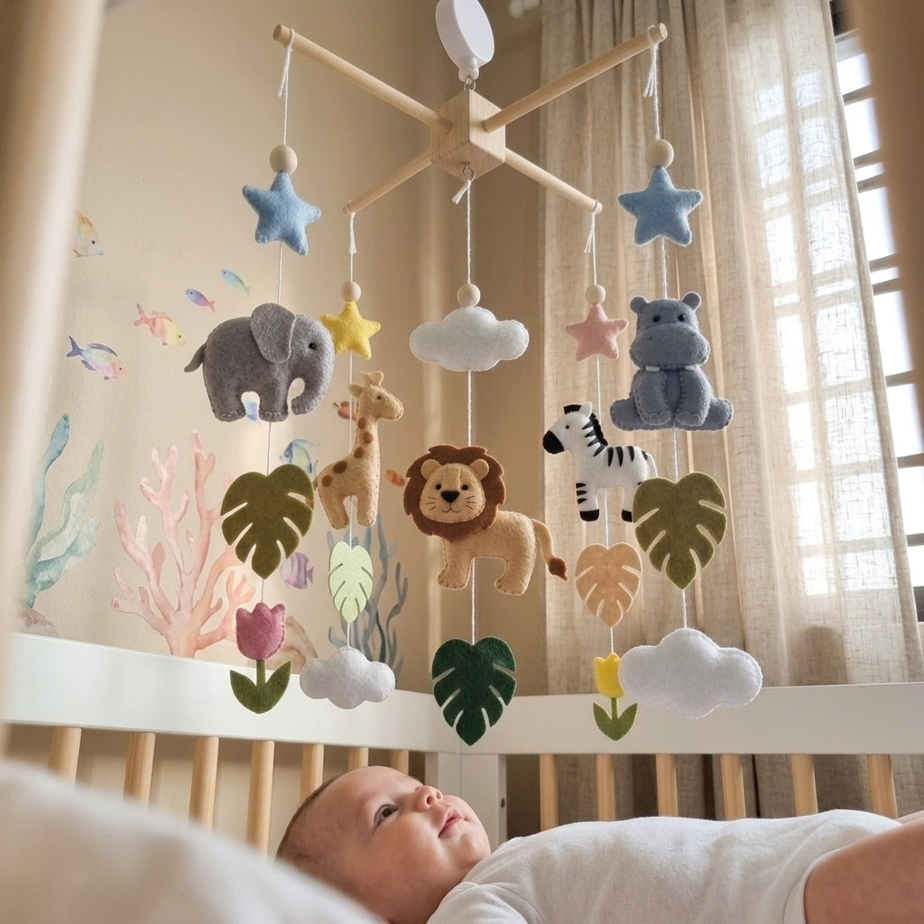 Safari Friends Felt Crib Mobile – Handmade Tropical Nursery Hanging Decor