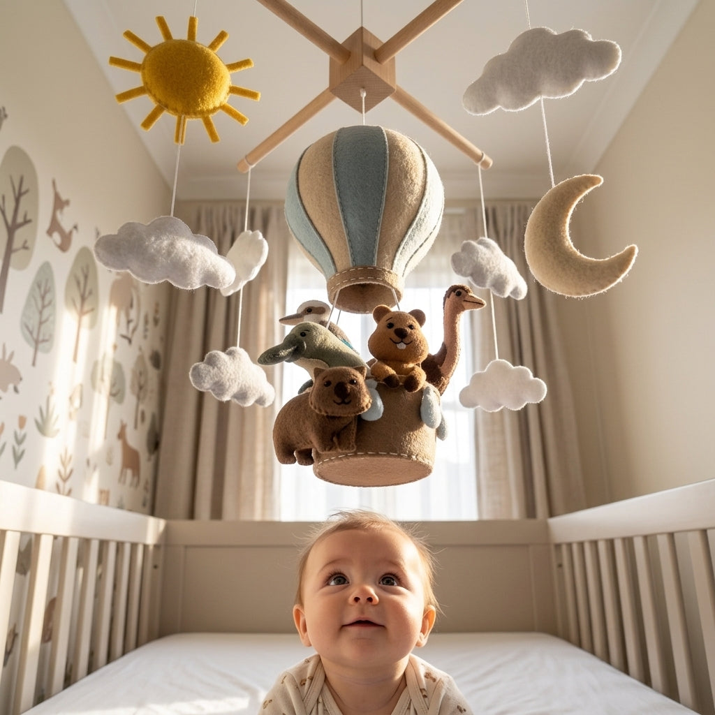 Handmade Felt Australian Animal Baby Mobile – Hot Air Balloon Nursery Decor