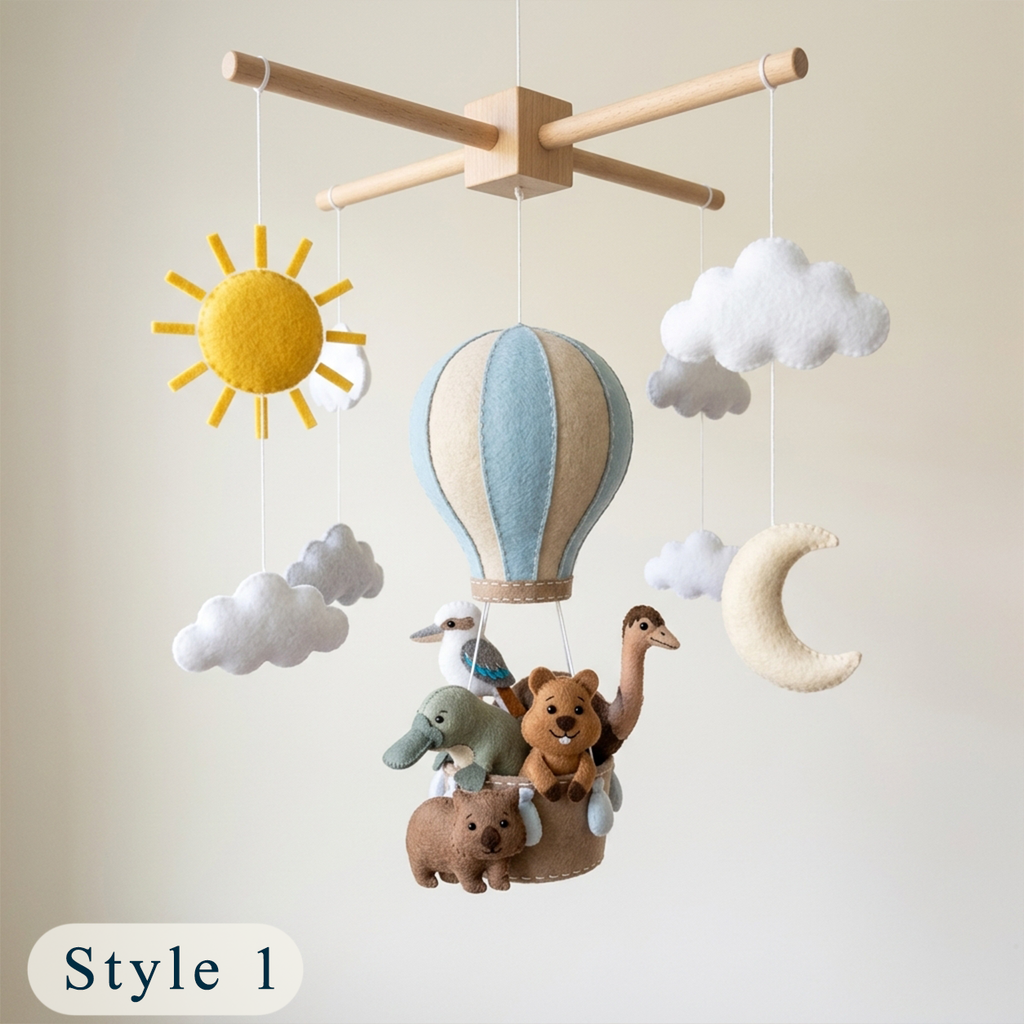 Handmade Felt Australian Animal Baby Mobile – Hot Air Balloon Nursery Decor