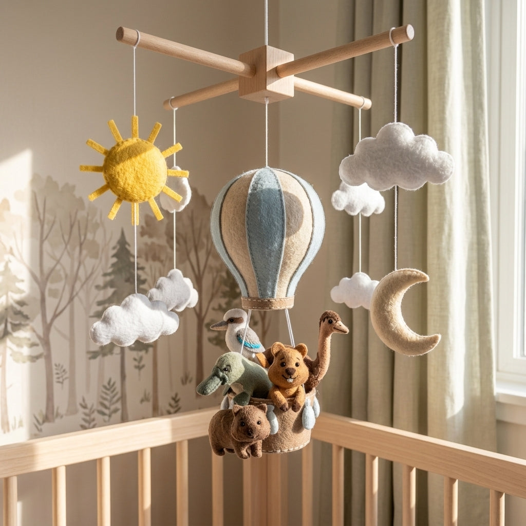 Handmade Felt Australian Animal Baby Mobile – Hot Air Balloon Nursery Decor