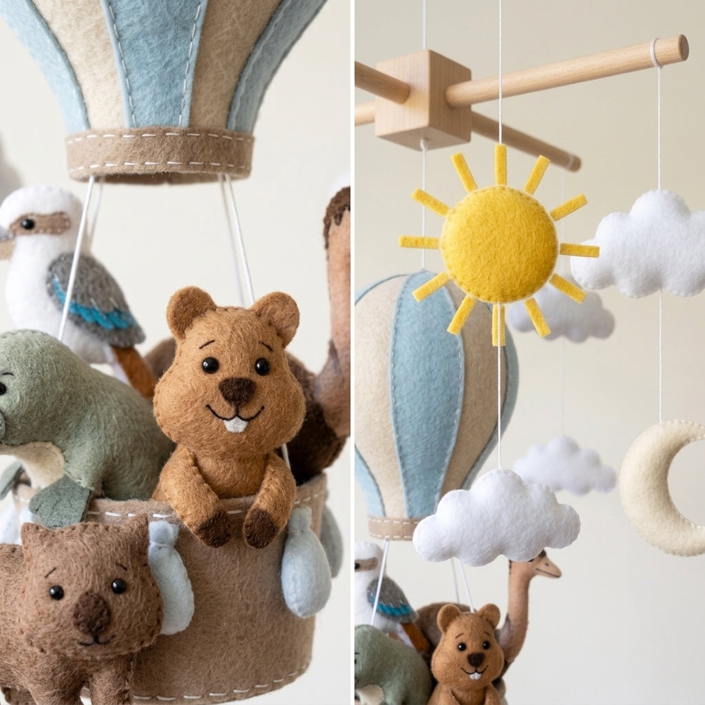 Handmade Felt Australian Animal Baby Mobile – Hot Air Balloon Nursery Decor