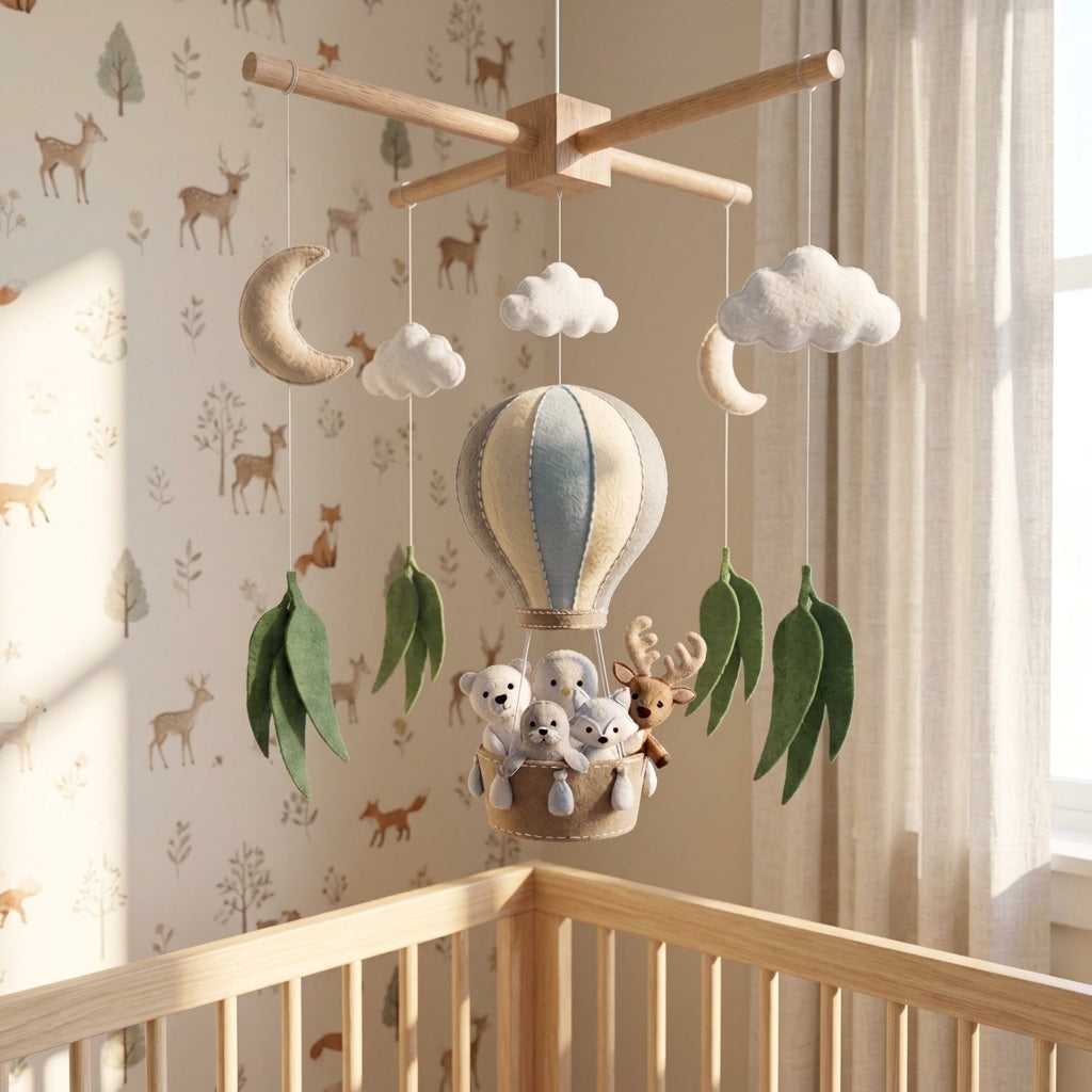 Handmade Felt Winter Woodland Hot Air Balloon Baby Mobile – Forest Animal Nursery Decor