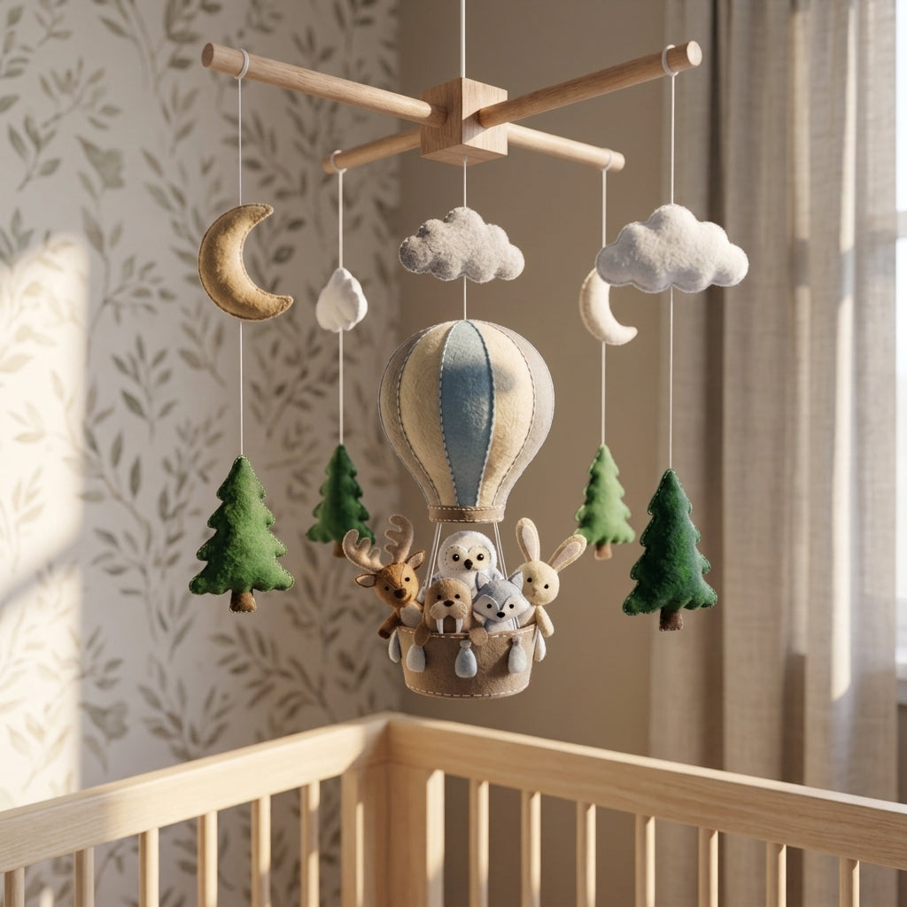 Handmade Felt Winter Woodland Hot Air Balloon Baby Mobile – Forest Animal Nursery Decor