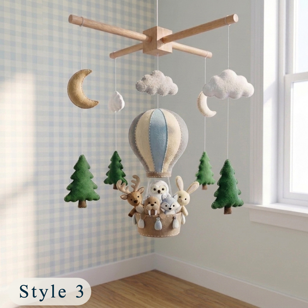 Handmade Felt Winter Woodland Hot Air Balloon Baby Mobile – Forest Animal Nursery Decor