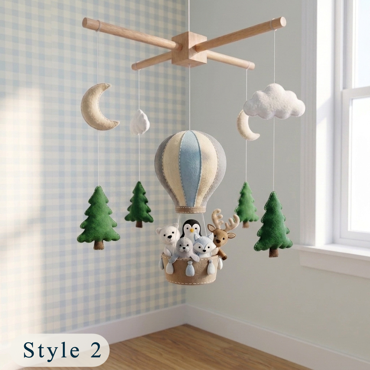 Handmade Felt Winter Woodland Hot Air Balloon Baby Mobile – Forest Animal Nursery Decor