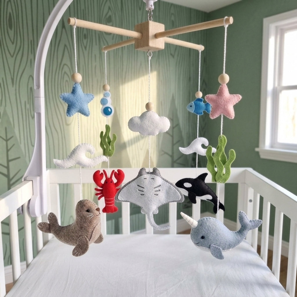Handmade Felt Ocean Animal Baby Mobile – Whale, Dolphin & Turtle Nursery Decor