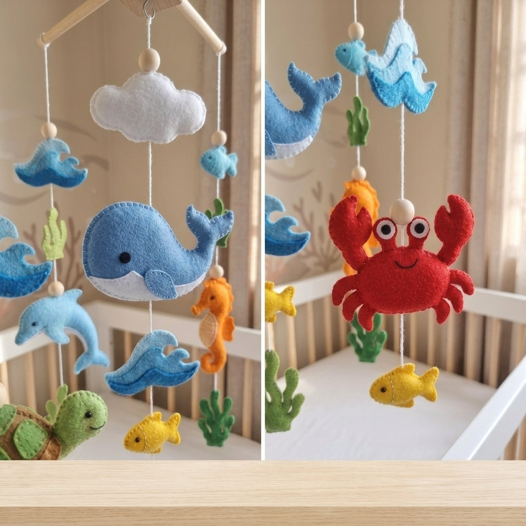 Handmade Felt Ocean Animal Baby Mobile – Whale, Turtle, Dolphin & Crab Nursery Decor