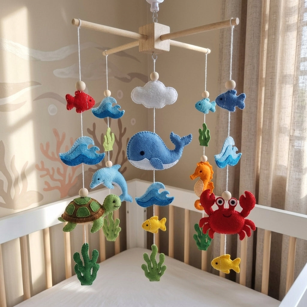 Handmade Felt Ocean Animal Baby Mobile – Whale, Turtle, Dolphin & Crab Nursery Decor