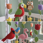 A hanging nursery decoration set made from felt, including a large red and green parrot, a brown owl, tulip shapes in orange, purple, and peach, yellow stars, green leaves, a small blue bird, a pink flamingo, and a smaller red-and-green parrot, shown in two stacked photos against a soft green room background.