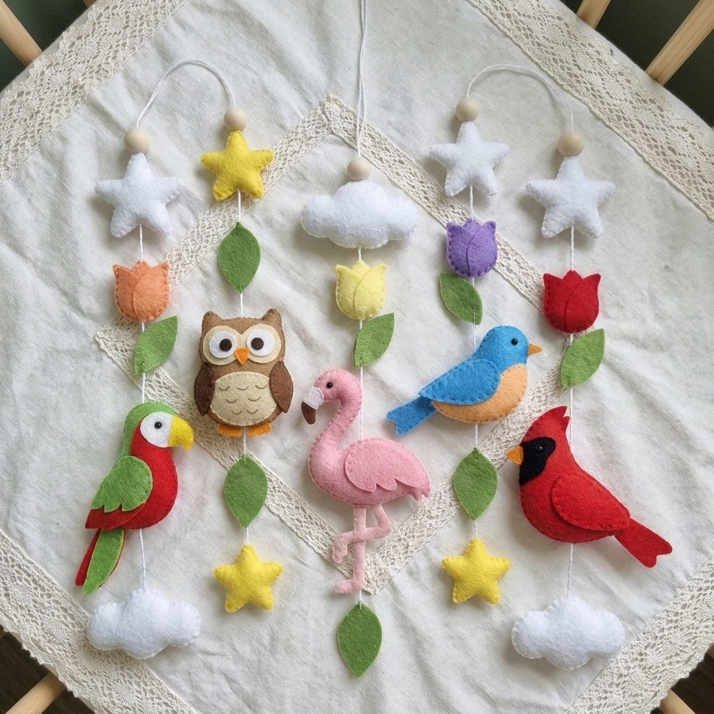 A handmade felt baby nursery decoration set featuring colorful animal and nature shapes including a red cardinal, pink flamingo, green and red parrot, brown owl, blue bird, white clouds, yellow and purple flowers, and green leaves, all arranged on a cream lace-trimmed fabric background.