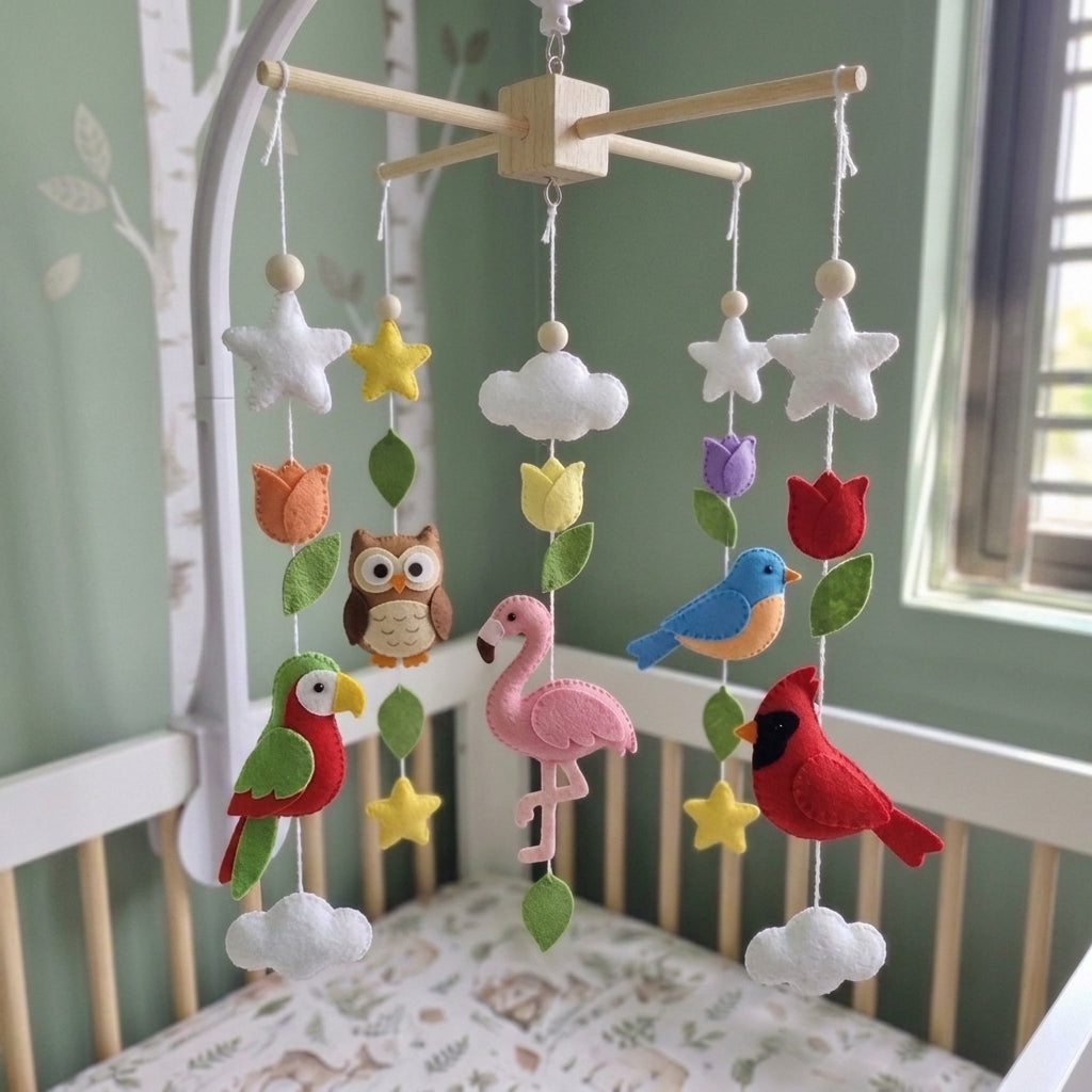 A colorful felt baby mobile hanging in a white crib, featuring birds, flowers, clouds, and stars in pink, red, green, yellow, purple, and brown.