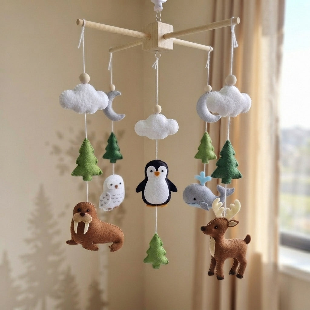 Handmade Felt Arctic Baby Mobile – Winter Nursery Crib Decor