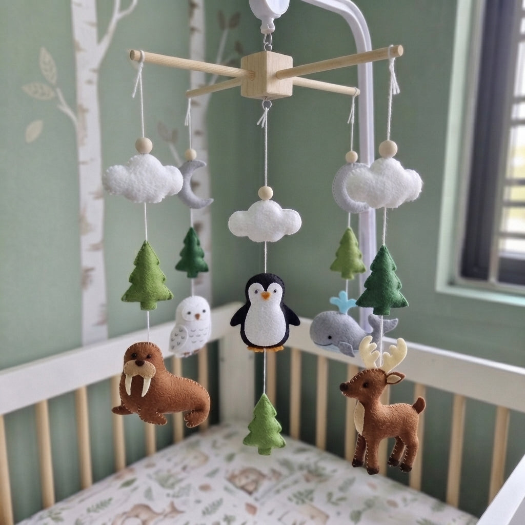 Handmade Felt Arctic Baby Mobile – Winter Nursery Crib Decor