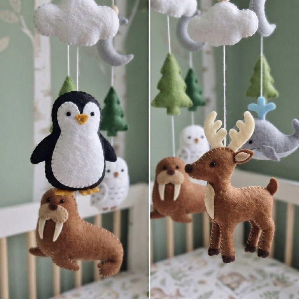 Handmade Felt Arctic Baby Mobile – Winter Nursery Crib Decor