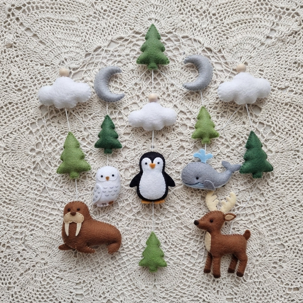 Handmade Felt Arctic Baby Mobile – Winter Nursery Crib Decor