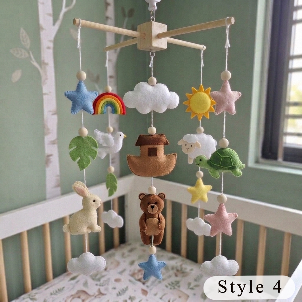 Noah’s Ark Felt Baby Mobile, Handmade Biblical Nursery Crib Hanging, Rainbow and Cloud Christening Gift