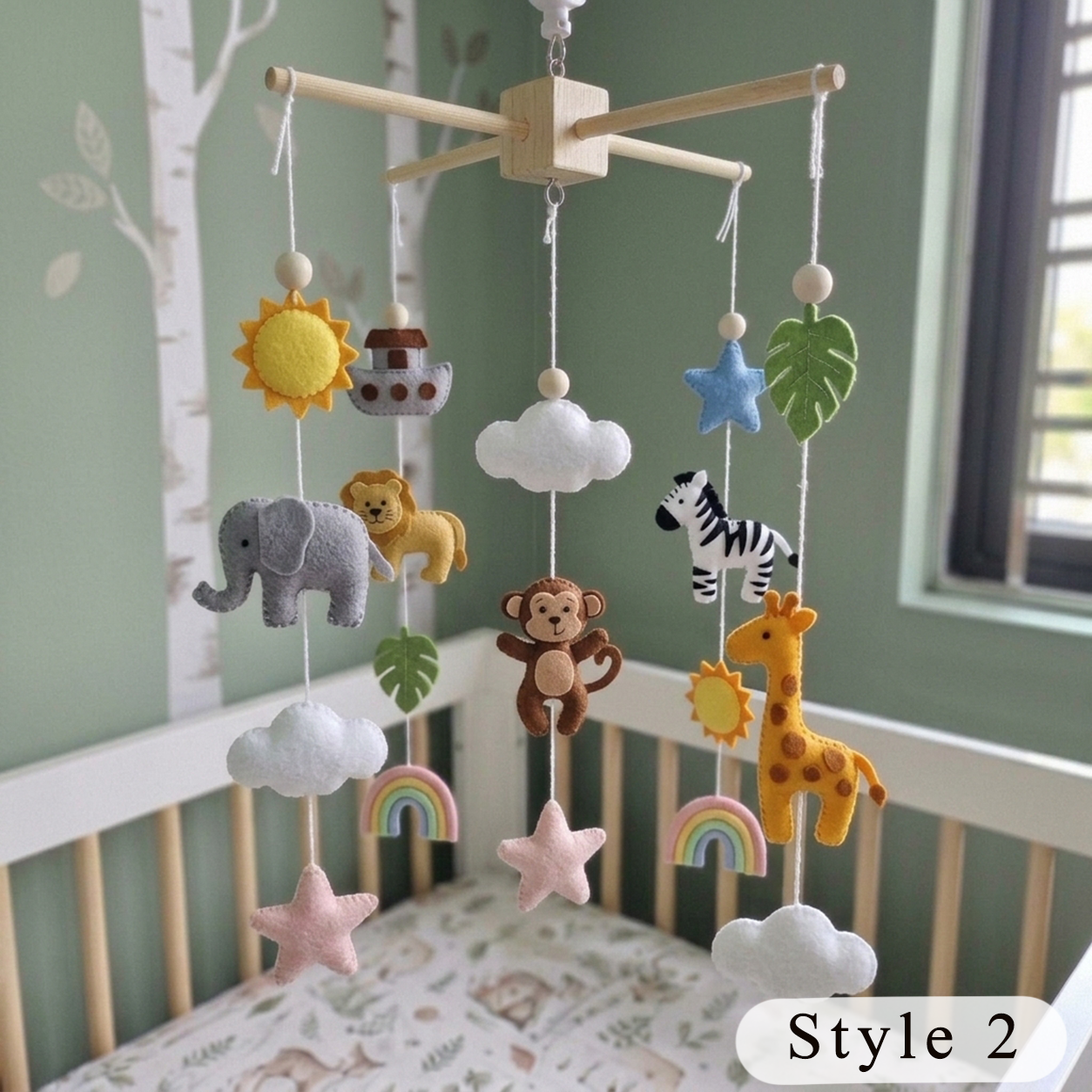 Noah’s Ark Felt Baby Mobile, Handmade Biblical Nursery Crib Hanging, Rainbow and Cloud Christening Gift