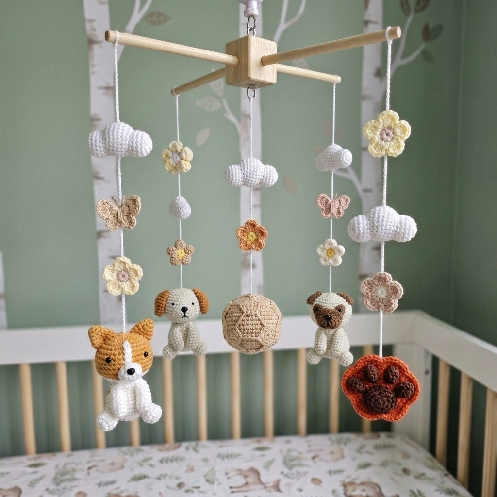 Handmade Crochet Baby Mobile, Crib Hanging Nursery Decor, Woodland Cot Mobile, Neutral Baby Shower Gift