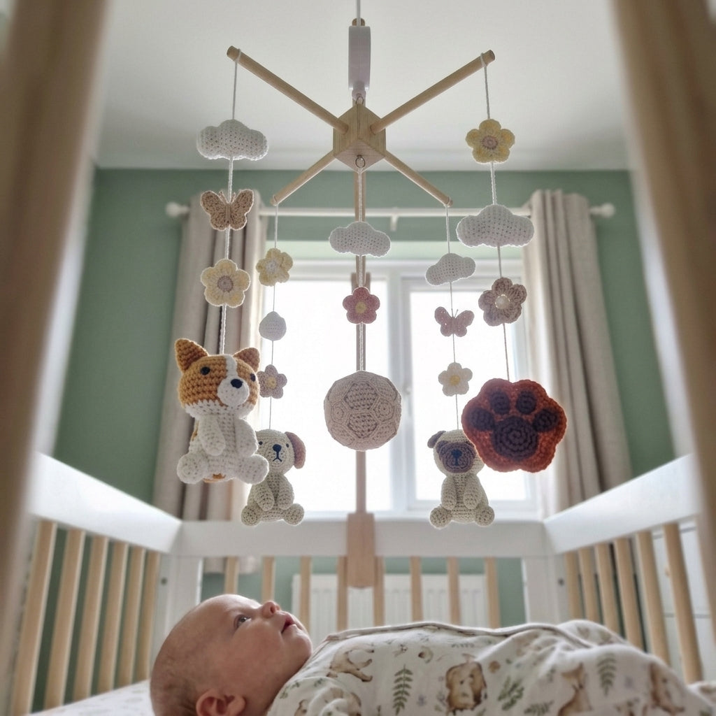 Puppy Playtime Crochet Nursery Mobile, Handmade Dog Crib Hanging with Paw Print, Ball, Flowers and Clouds