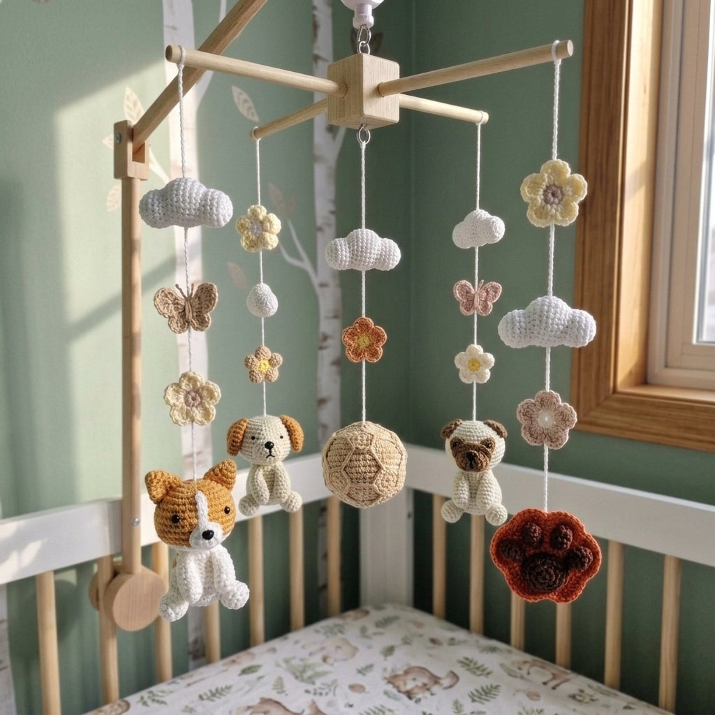 Puppy Playtime Crochet Nursery Mobile, Handmade Dog Crib Hanging with Paw Print, Ball, Flowers and Clouds