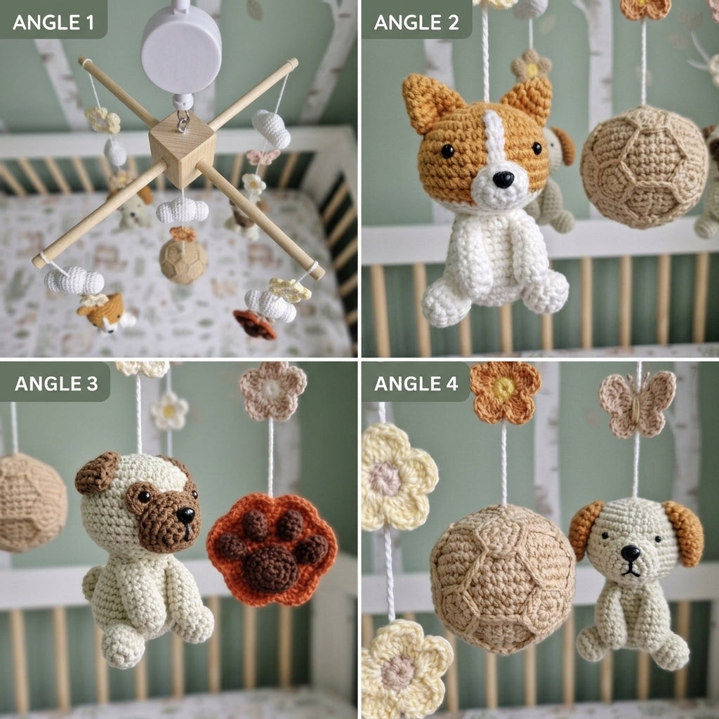 Puppy Playtime Crochet Nursery Mobile, Handmade Dog Crib Hanging with Paw Print, Ball, Flowers and Clouds