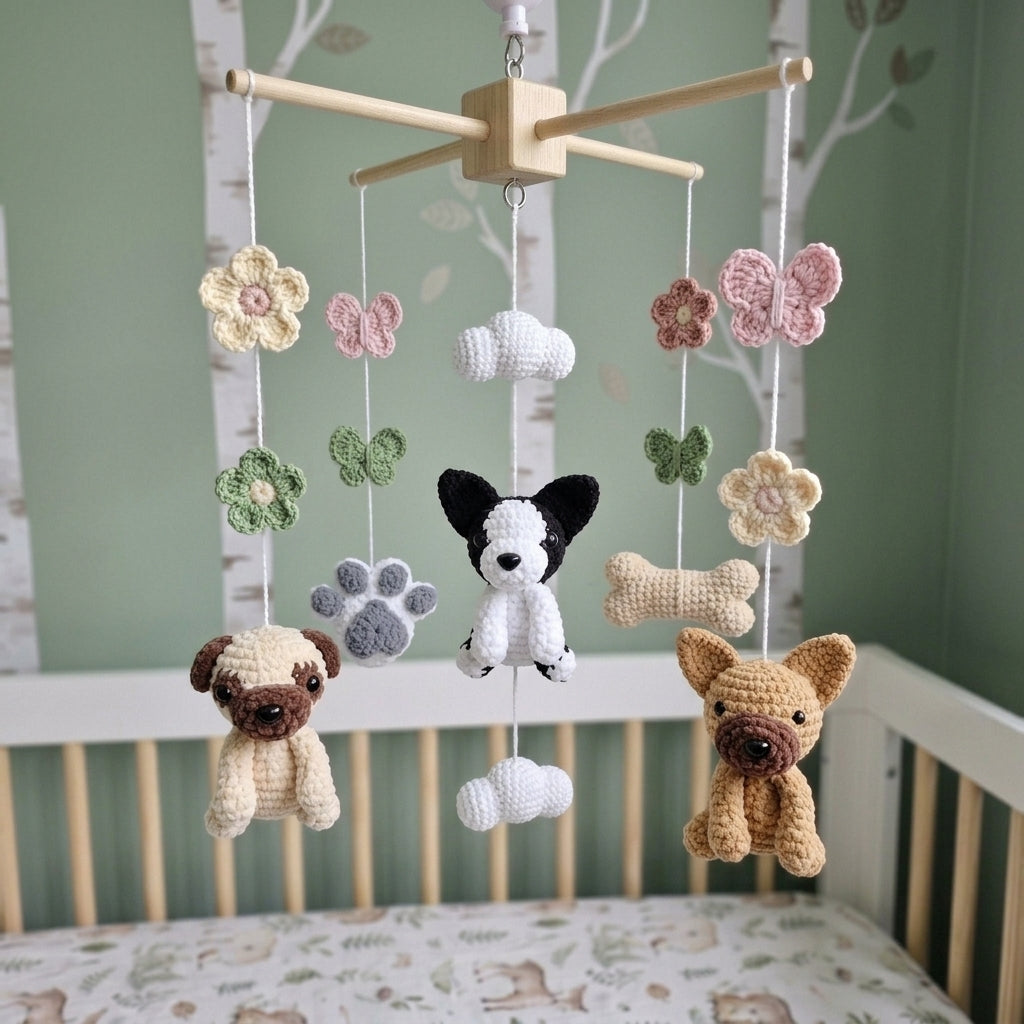 Crochet Nursery Mobile with Flowers and Butterflies, Handmade Crib Hanging Decor, Amigurumi Baby Room Gift