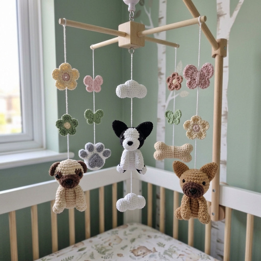 Crochet Nursery Mobile with Flowers and Butterflies, Handmade Crib Hanging Decor, Amigurumi Baby Room Gift