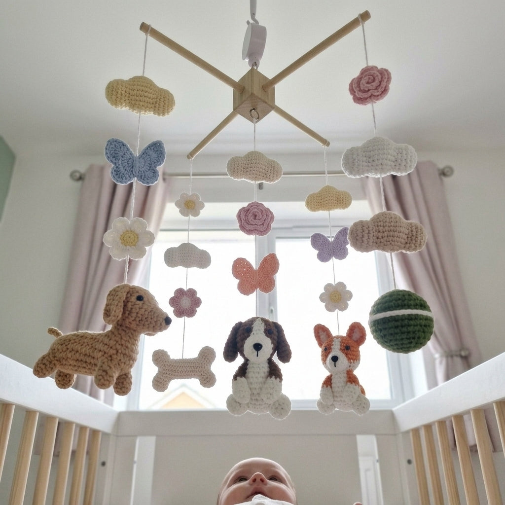 Pet Themed Crochet Crib Mobile, Floral Butterfly Nursery Hanging, Handmade Amigurumi Baby Room Decor