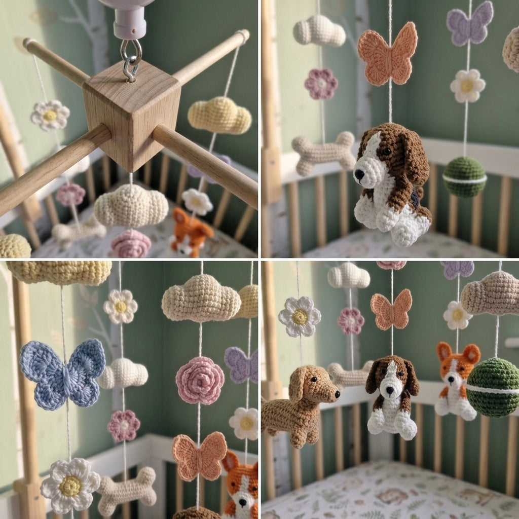 Pet Themed Crochet Crib Mobile, Floral Butterfly Nursery Hanging, Handmade Amigurumi Baby Room Decor