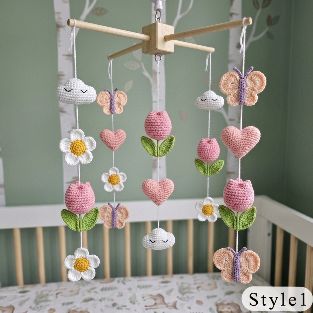 Floral Crochet Baby Mobile with Hearts and Butterflies, Handmade Tulip Crib Decor, Pastel Nursery Hanging Gift