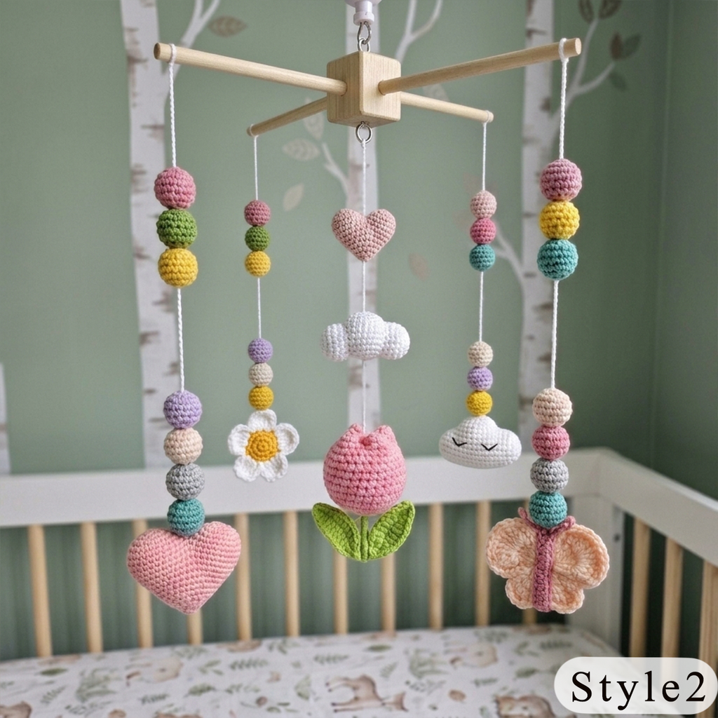 Floral Crochet Baby Mobile with Hearts and Butterflies, Handmade Tulip Crib Decor, Pastel Nursery Hanging Gift