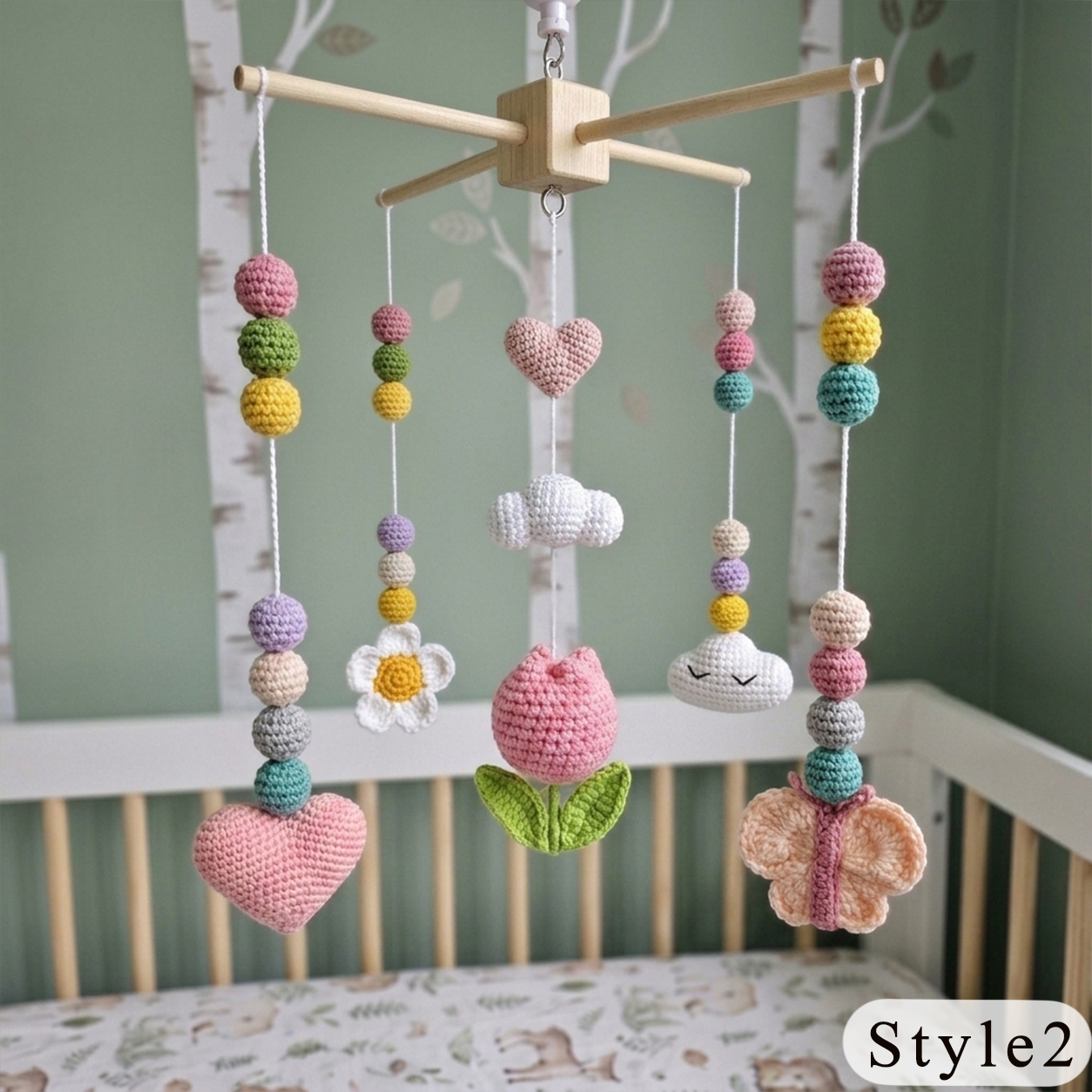 Blush Bloom Crochet Nursery Mobile, Handmade Tulip and Butterfly Crib Decor, Pastel Baby Shower Gift