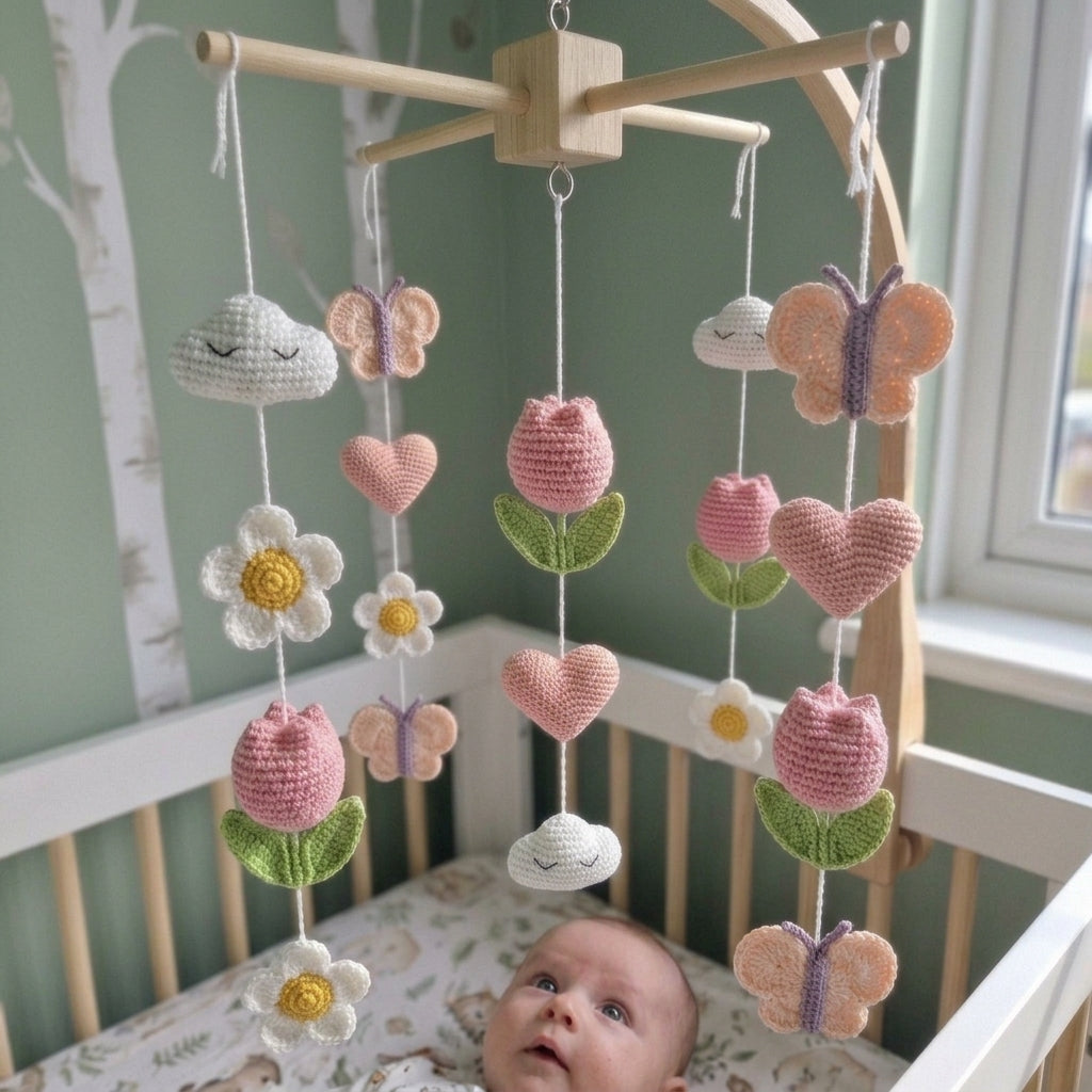 Blush Bloom Crochet Nursery Mobile, Handmade Tulip and Butterfly Crib Decor, Pastel Baby Shower Gift