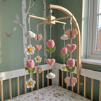 Blush Bloom Crochet Nursery Mobile, Handmade Tulip and Butterfly Crib Decor, Pastel Baby Shower Gift