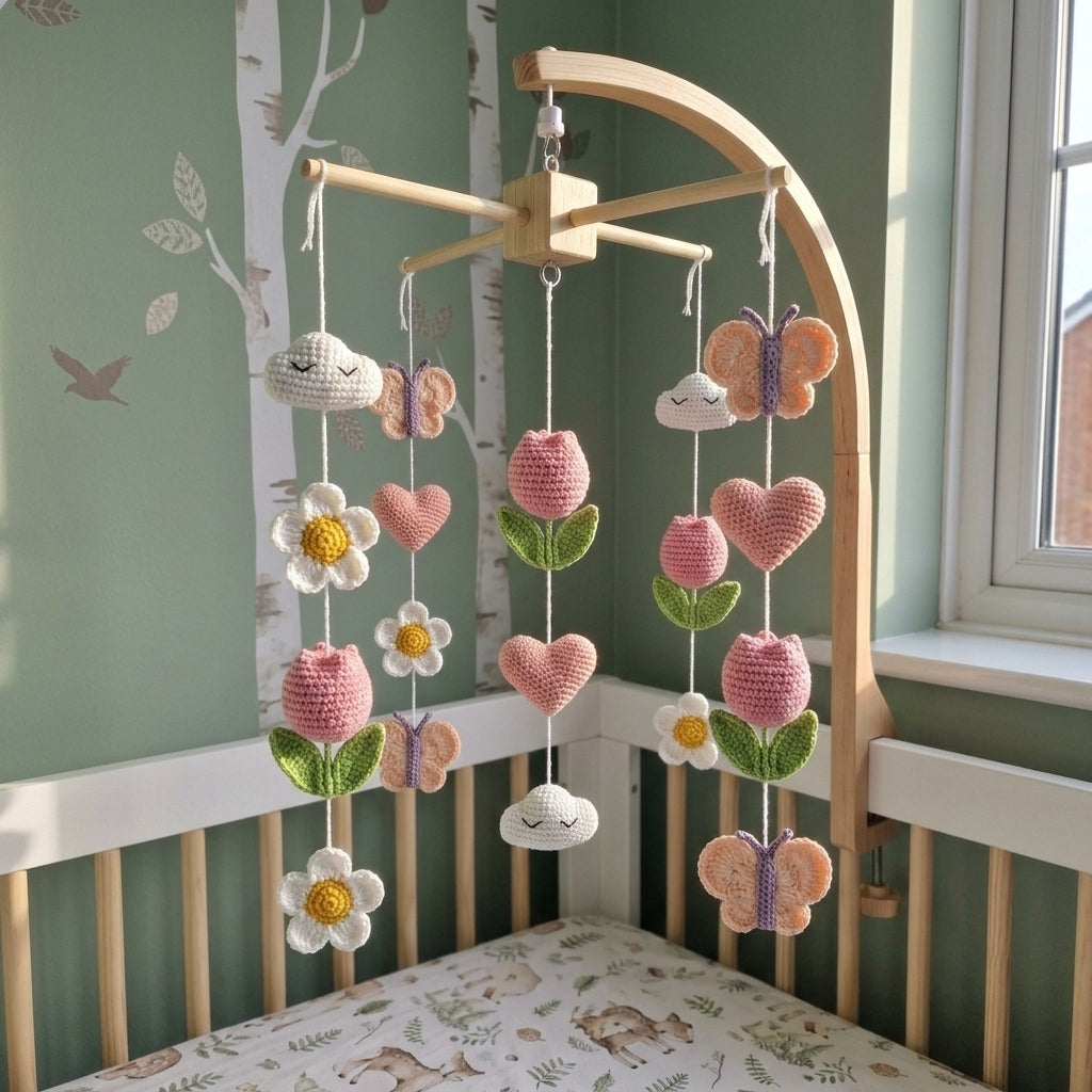 Blush Bloom Crochet Nursery Mobile, Handmade Tulip and Butterfly Crib Decor, Pastel Baby Shower Gift