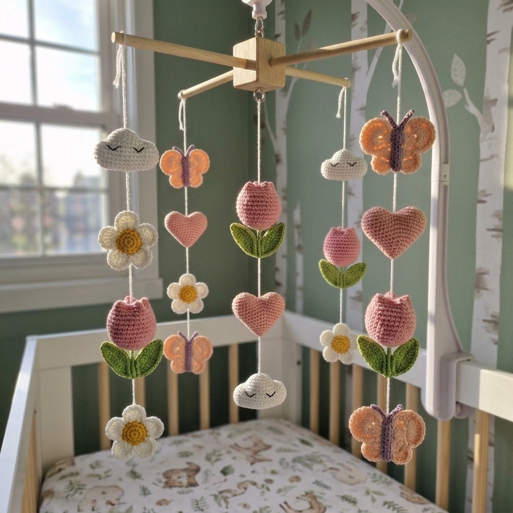 Floral Crochet Baby Mobile with Hearts and Butterflies, Handmade Tulip Crib Decor, Pastel Nursery Hanging Gift
